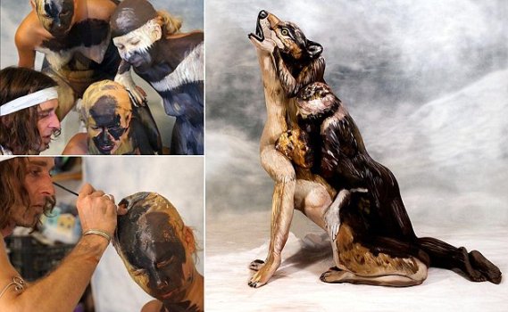 Body Painter Transforms 3 Naked Women Into a Howling Wolf